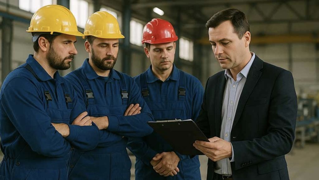 Szene in einer Industriehalle – ein Vorgesetzter bespricht Unterlagen mit drei Arbeitern aus Osteuropa