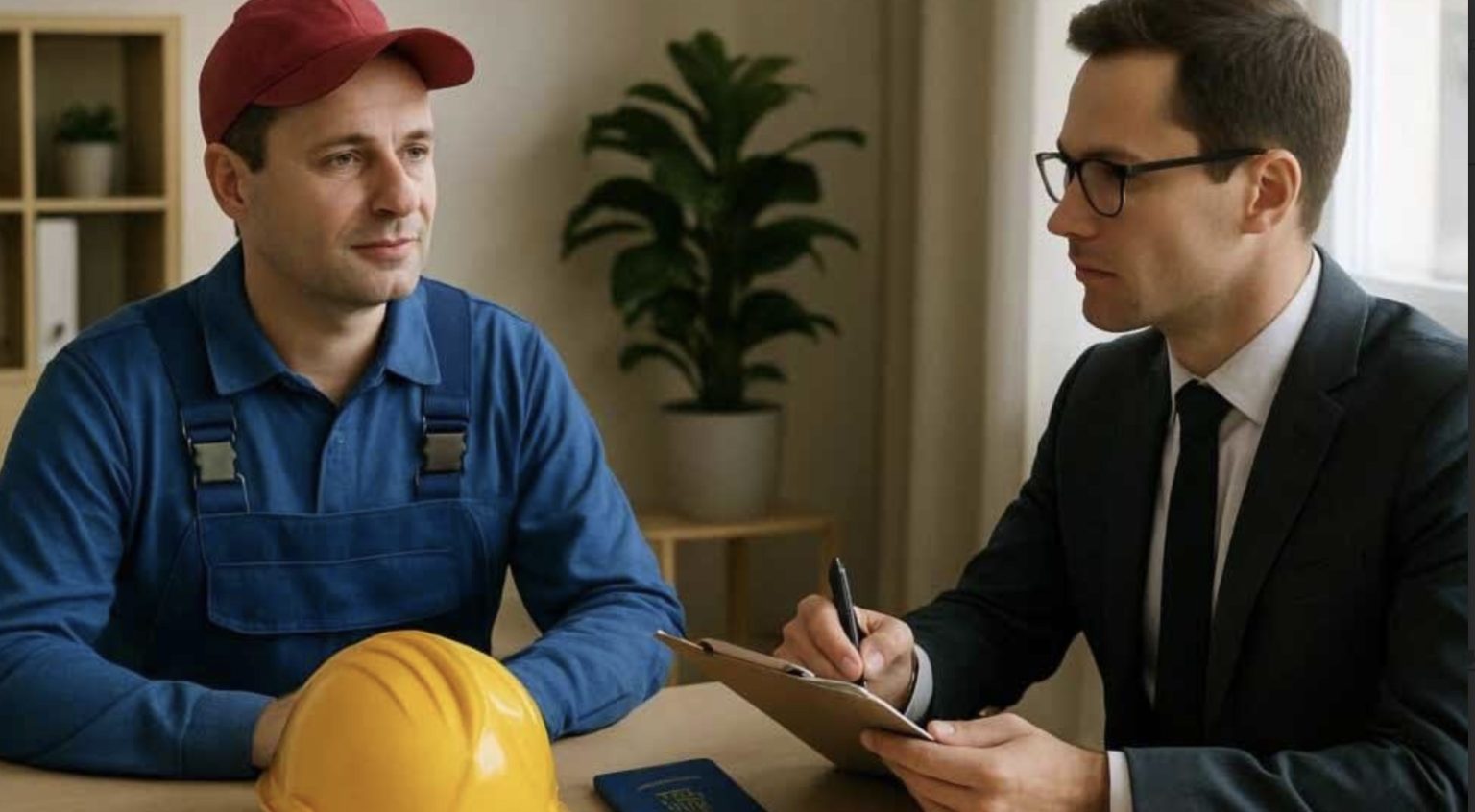 Gespräch zwischen einem osteuropäischen Arbeiter aus Polen im Arbeitsanzug und einem deutschen Personalmanager im Büro über Rekrutierung und Beschäftigung