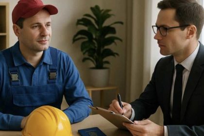 Gespräch zwischen einem osteuropäischen Arbeiter aus Polen im Arbeitsanzug und einem deutschen Personalmanager im Büro über Rekrutierung und Beschäftigung