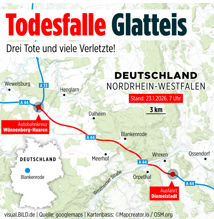 A44 bei Paderborn wegen Blitzeis gesperrt: Im Nordwesten Deutschlands Hunderte Unfälle auf glatten Straßen