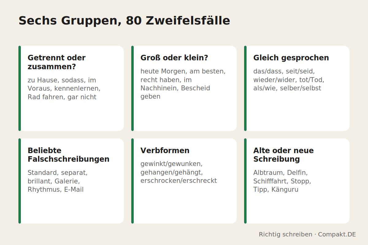 Infografik: die sechs Gruppen der häufigsten Rechtschreibfehler im Deutschen