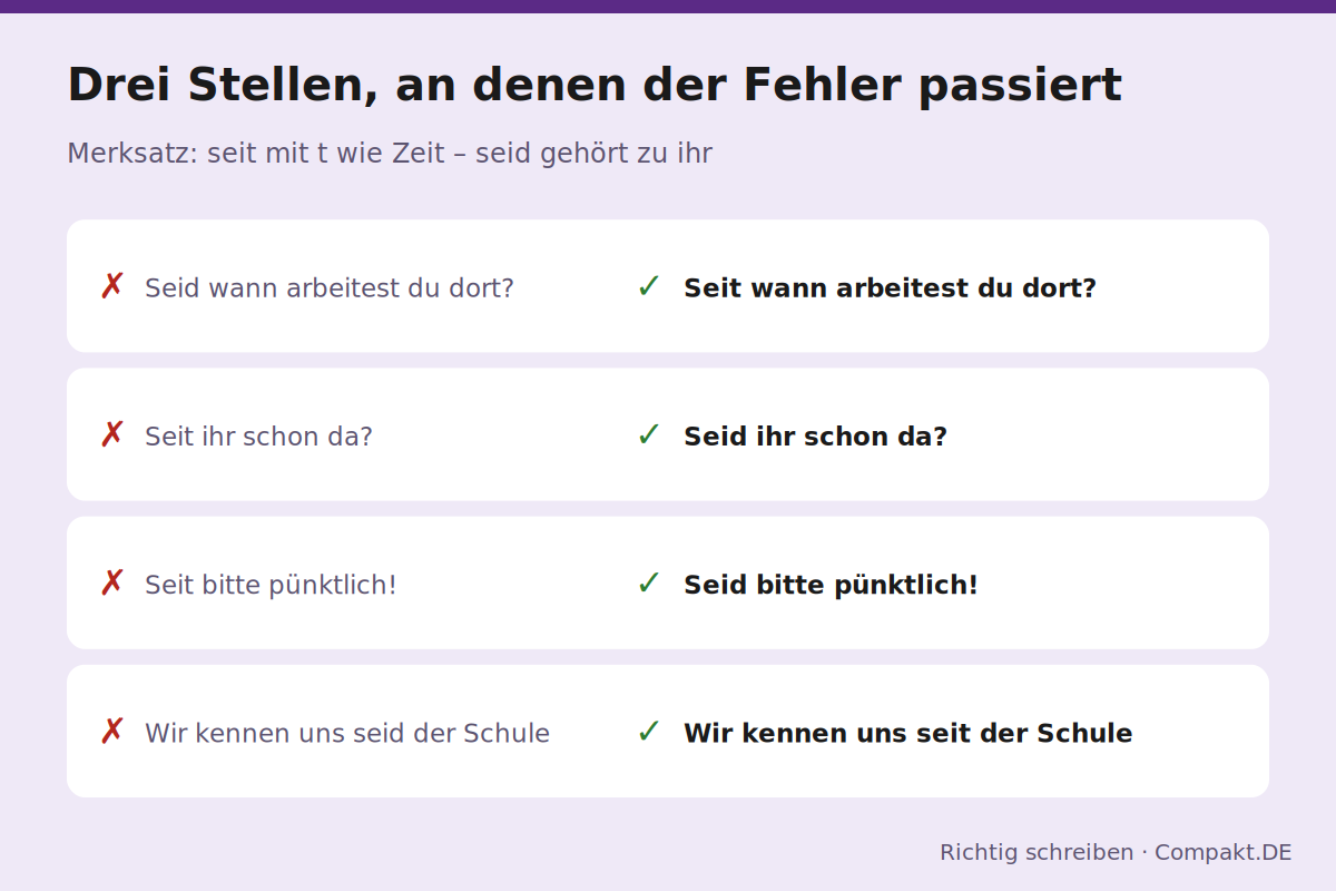 Infografik: falsche und richtige Beispielsätze mit seit und seid