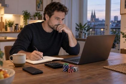 Mann rechnet am Küchentisch mit Laptop, Notizbuch und Taschenrechner Bonusbedingungen nach